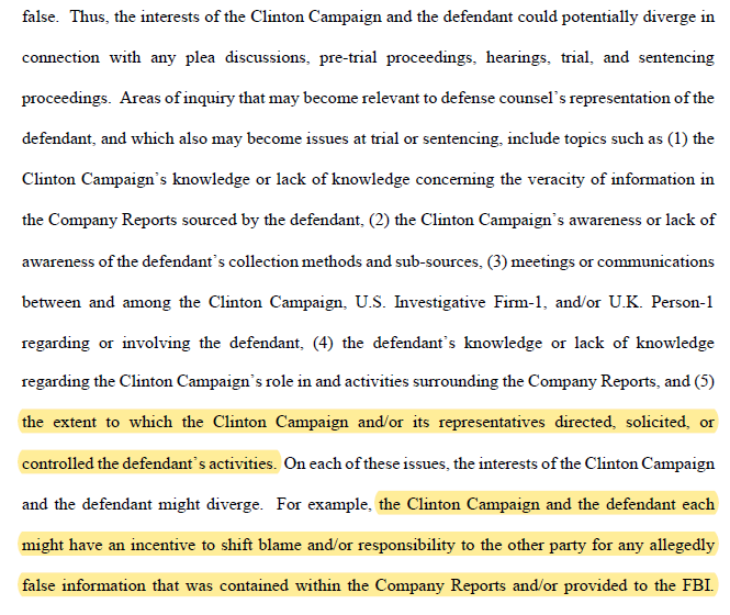 Steele source Igor Danchenko is now represented by lawyers who worked for the Hillary Campaign. Special Counsel John Durham is asking the court if that's an improper conflict. Notable: trial inquiry may include whether the Clinton Campaign directed Danchenko's activities.