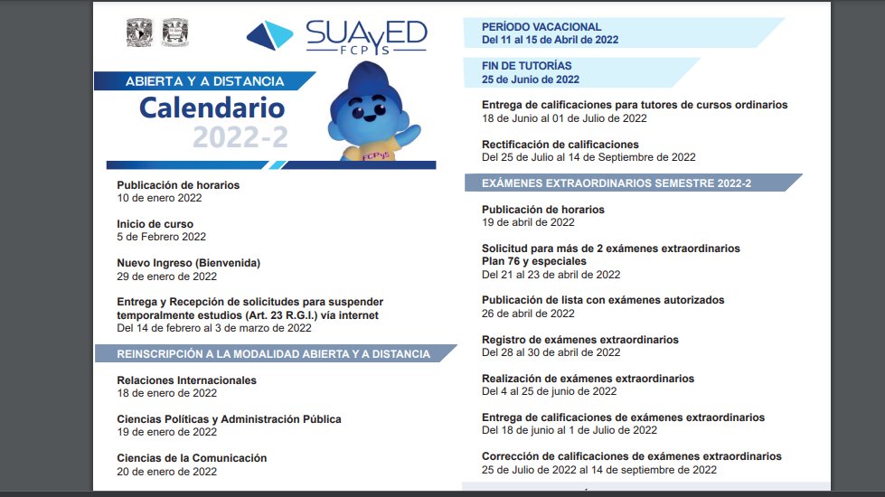 SEDECUCh's tweet photo. @SEDECUCh @CuchDisegno  @Psicologia_Cuch  @CuchSociologia  @CUCh_OFICIAL 
Facultad de Ciencias Políticas y Sociales, calendario Escolar 2022-2

https://t.co/gdbtye3qb1 https://t.co/T1S50QXjWp