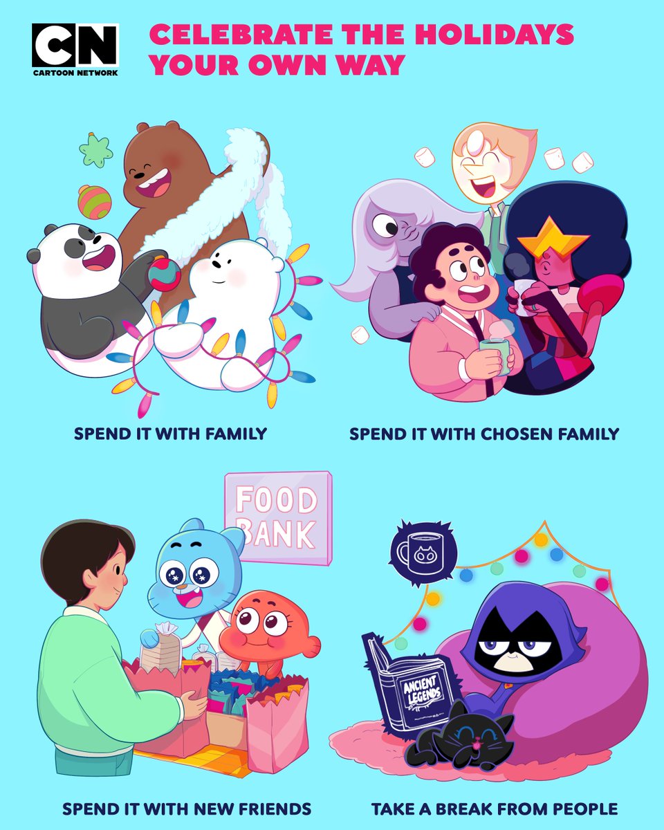 No matter how you spend it, we hope your holidays are merry and bright! 🎄🎁✨ Who are you cozying up with this year?

#CartoonNetwork #HappyHolidays #MerryChristmas #Christmas #WeBareBears #Gumball #AmazingWorldofGumball #StevenUniverse #TeenTitansGo #merryeverything