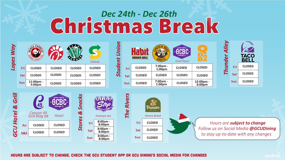 Here’s the “sliightly” adjusted hours for this week, Lopes! 

Today, Panera will be open until about 2p, then 11a through Thursday

We hope you’re having a relaxing beginning of break! #LopesUp