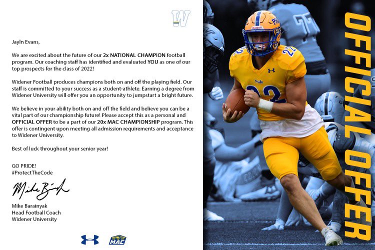 JaylnEvans1's tweet photo. Blessed to receive an offer from my hometown school Widener University 🦁💙💛 @Coachdanconnor @Widener_FB https://t.co/YOFEIaVtvP