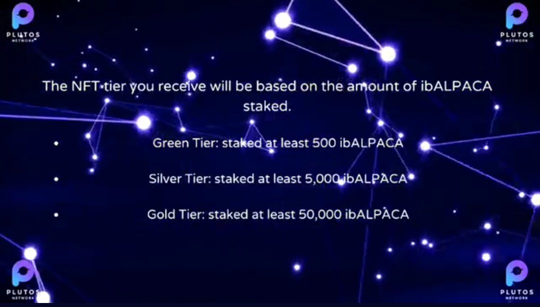 #NFT tiers will be awarded to stakers. Remember, this will depend on the amount of ibALPACA you stake. 

There will be the:
💎Green Tier
💎Silver Tier and 
💎Gold Tier. 

@PlutosNetwork X @AlpacaFinance

medium.com/alpaca-finance…