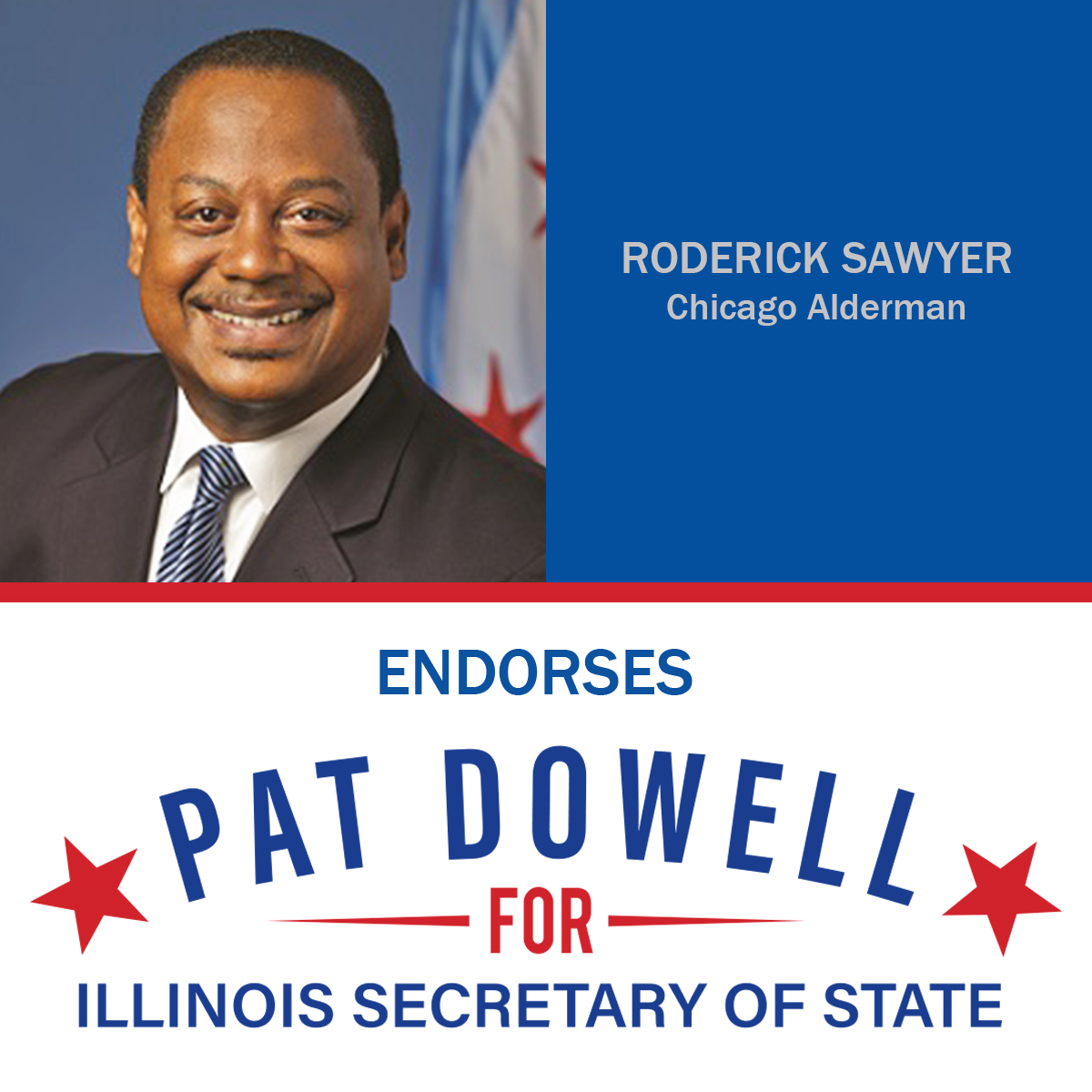 .<a href="/RoderickTSawyer/">Roderick T. Sawyer</a> and I have served together on the City Council for years. I've had a front-row seat to his efforts to ensure gov't serves the people, and I'm grateful to have his support in this race to ensure the SoS office works for all Illinoisans. illinoisfordowell.com/#endorsements