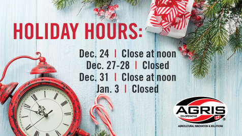 agris_coop's tweet photo. Our schedule this Holiday Season. We will continue normal business hours outside of these dates. Merry Christmas and Happy Holidays from the team at AGRIS Co-operative! https://t.co/rzd2tvTRKr