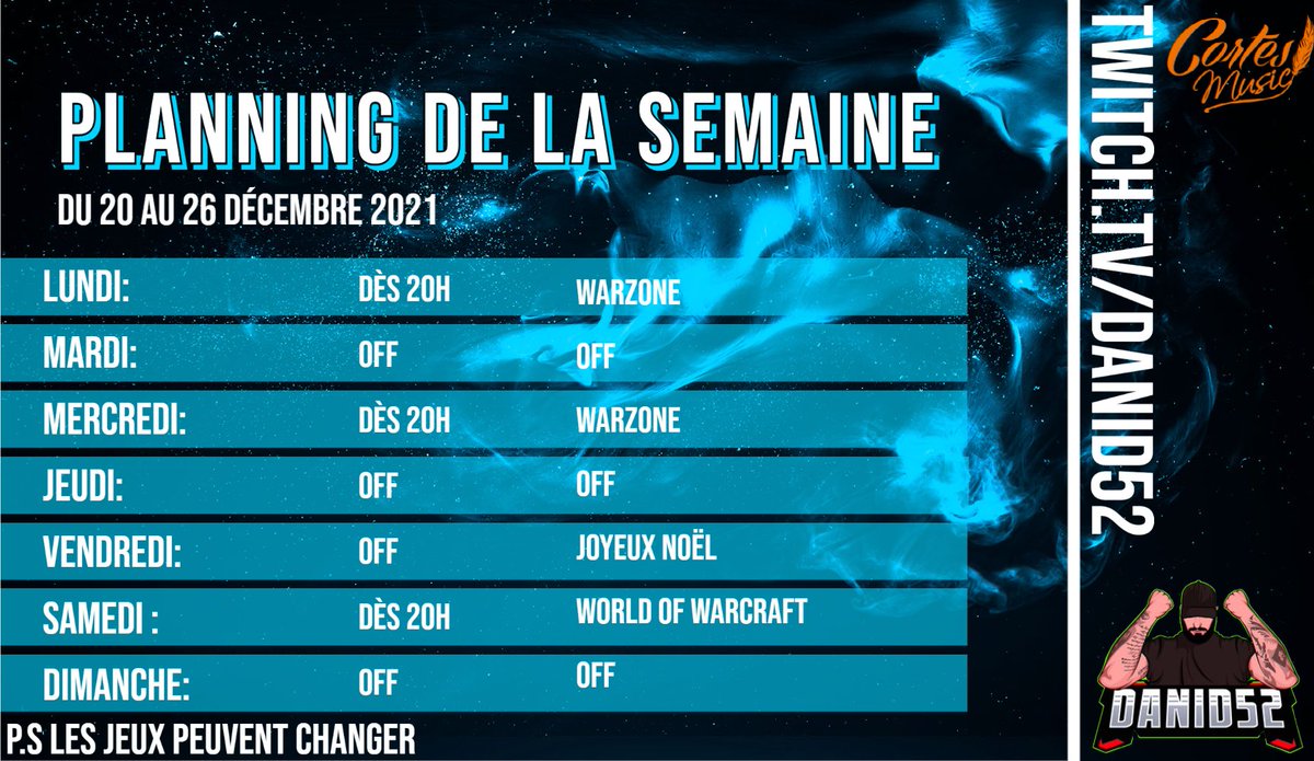 Danid58's tweet photo. Planning de la semaine! Pas mal de Warzone et Vanguard. Pause de Noël sur les raids Warcraft. Follow pour plus d'aventures :) #twitch #smallstreamers #TwitchAffliate https://t.co/47dFVZLUiJ