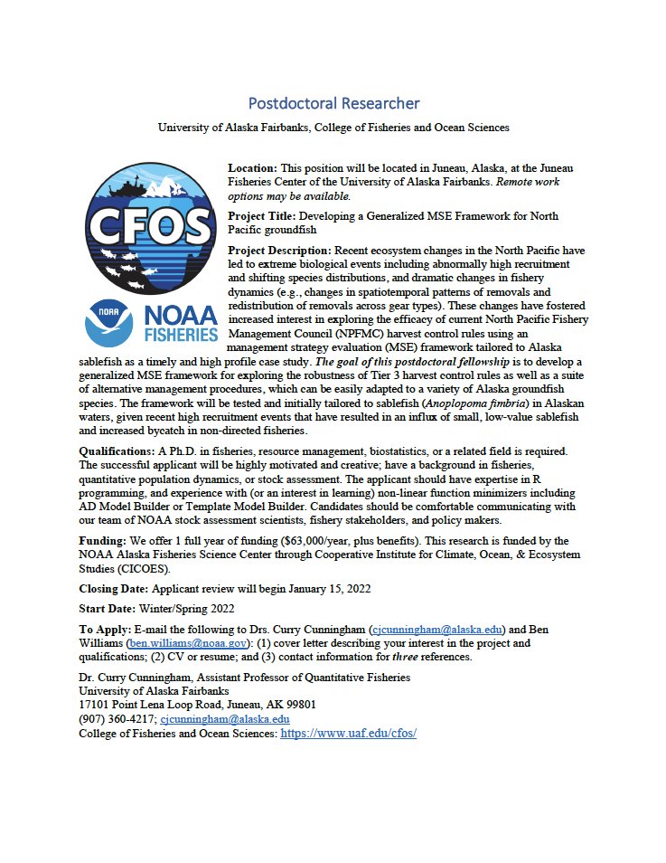 CurryCunningham's tweet photo. In 2022 I will have three openings for postdoctoral researchers in my lab at @UAFcfos 

Spatiotemporal data, population dynamics, MSE

Please get in touch if interested:
cjcunningham@alaska.edu

Collaborate with fishery participants, @NOAAFisheriesAK, ADF&amp;G, @USFWSRefuges ! https://t.co/gR1jMNSu4t