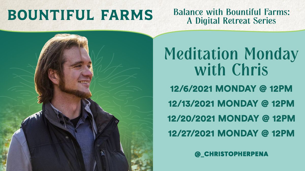 BountifulFarms's tweet photo. It's Meditation Monday with Chris at 12pm EST. We are LIVE in five! 👉https://t.co/t4q9uE8RlJ

@chrispenawellness https://t.co/sVmDqjq892