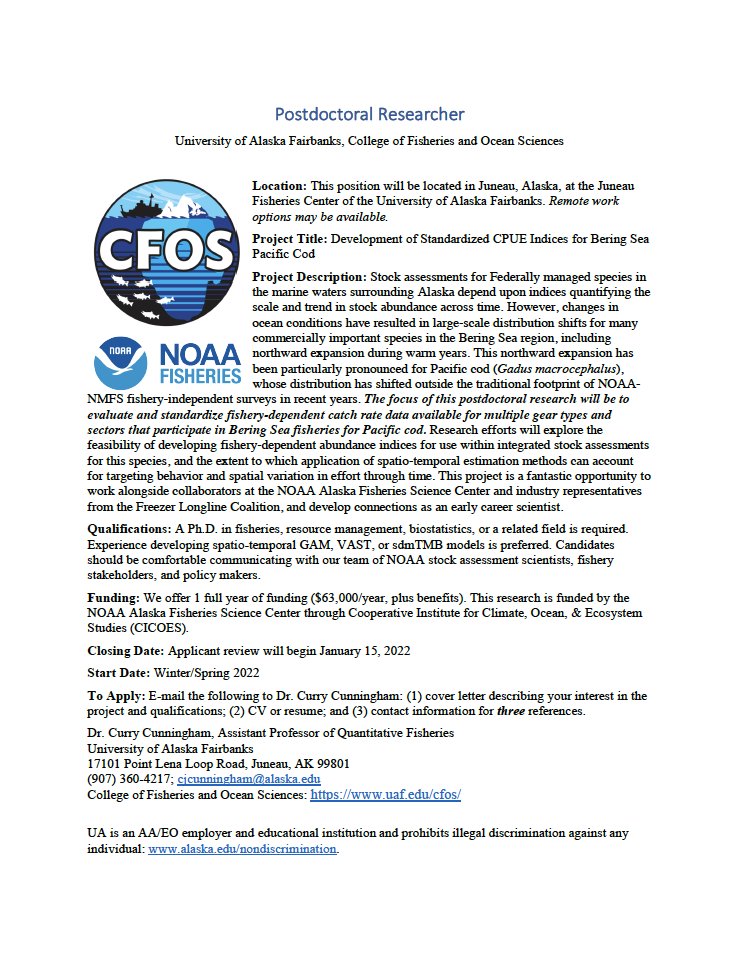 CurryCunningham's tweet photo. In 2022 I will have three openings for postdoctoral researchers in my lab at @UAFcfos 

Spatiotemporal data, population dynamics, MSE

Please get in touch if interested:
cjcunningham@alaska.edu

Collaborate with fishery participants, @NOAAFisheriesAK, ADF&amp;G, @USFWSRefuges ! https://t.co/gR1jMNSu4t
