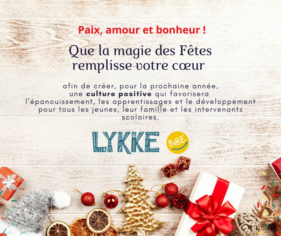 Encore quelques heures avant le congé des fêtes...

Avant de quitter pour le long congé, toute l'équipe de LYKKE tient à vous souhaiter un joyeux temps des fêtes 🎄🌠🎅!

#paix #amour #bonheur #culturepositive #épanousissement #EduQc #bonheuralcecole #LYKKE