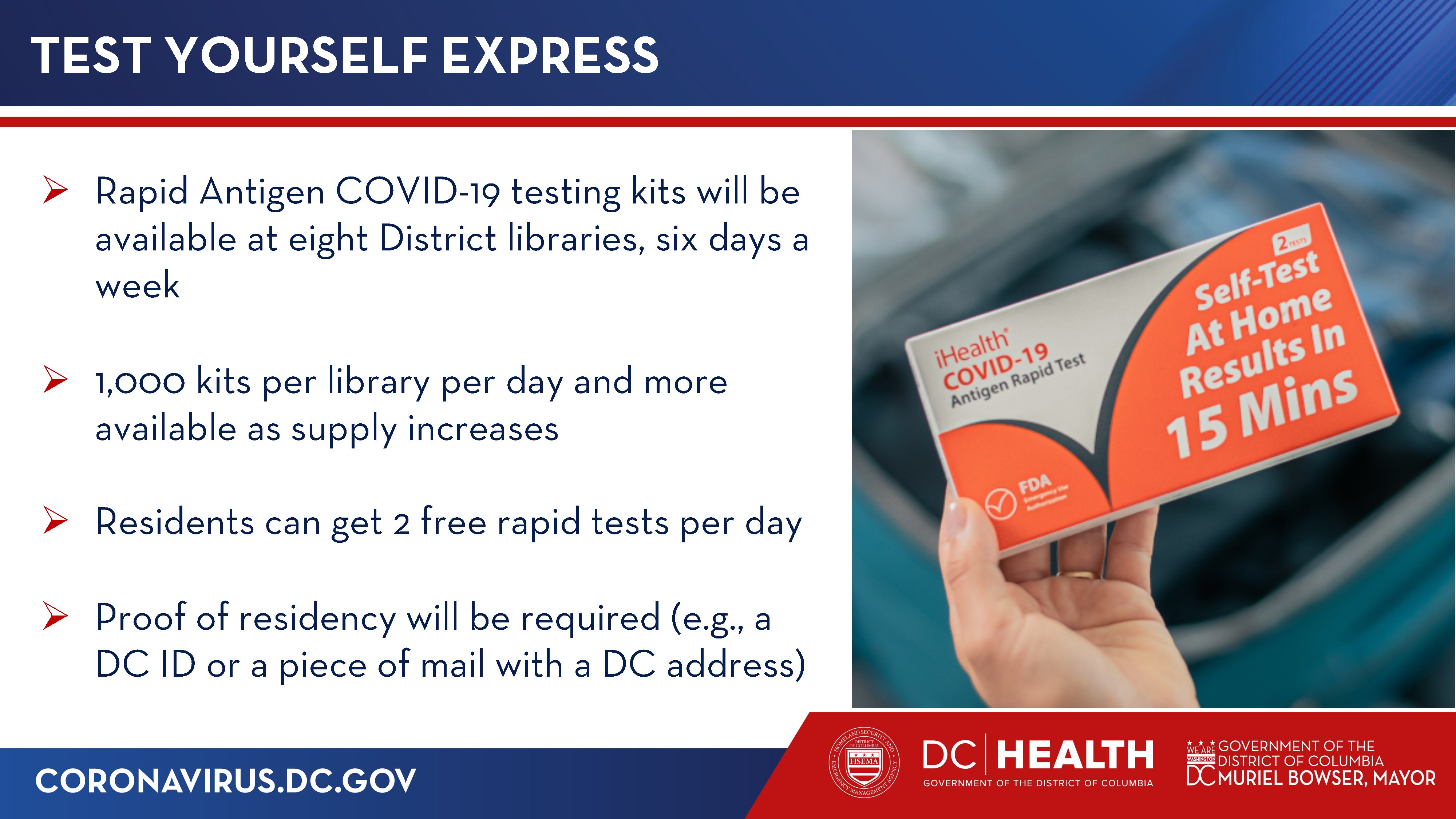 en cualquier momento Peregrino muerto Mayor Muriel Bowser on Twitter: "Residents will be able to pick up free  at-home rapid antigen tests at eight locations across DC.  https://t.co/MrcoDuJVOS" / Twitter