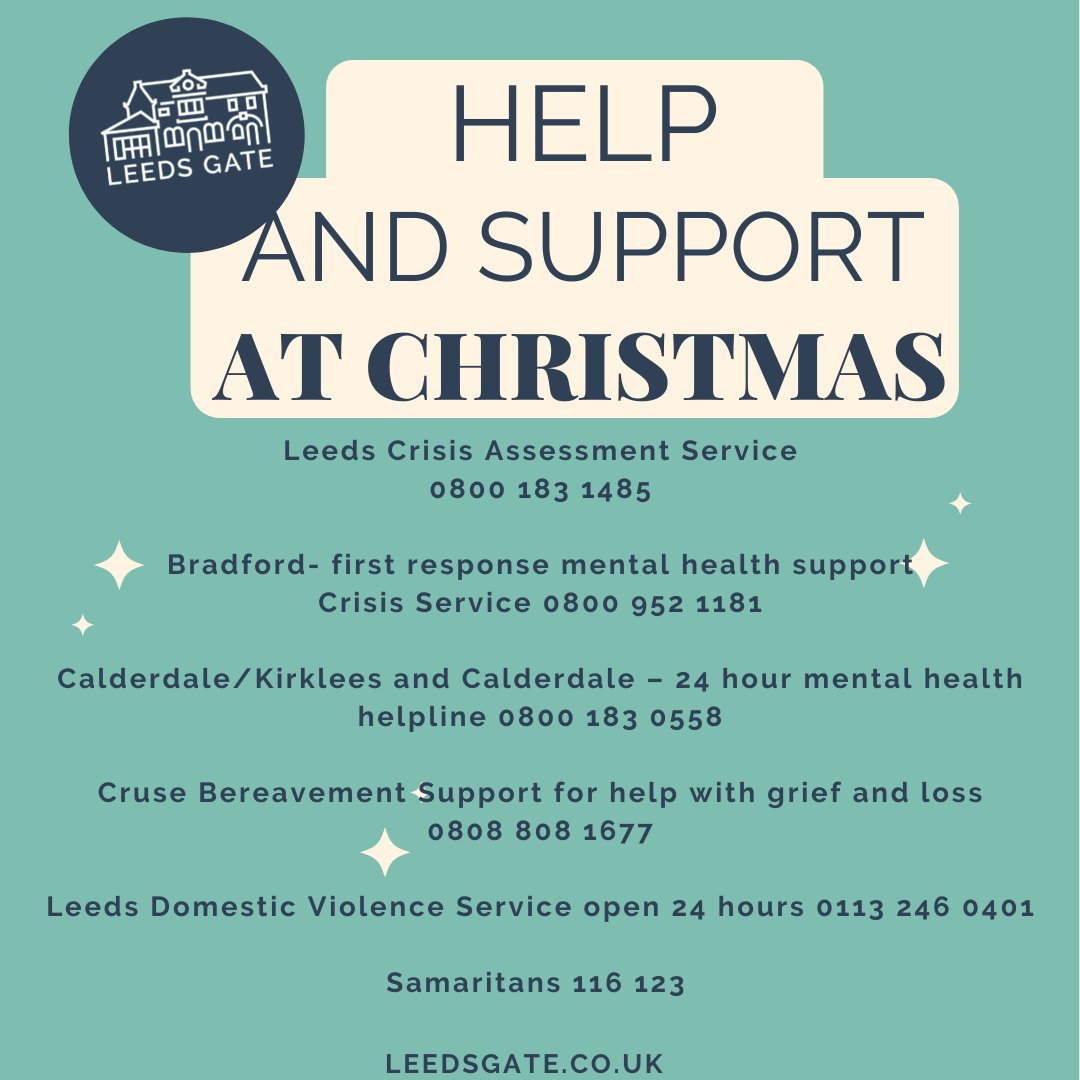 LeedsGATE's tweet photo. We know Christmas can be a hard time of year for so many in our communities. Thanks to so many amazing hard working partners (too many to mention), there are services available for you while GATE is closed. 

Thanks also to @LiveWellLeeds @Touchstone_SC @MindWellLeeds ❤️ https://t.co/q3Suyctjvm