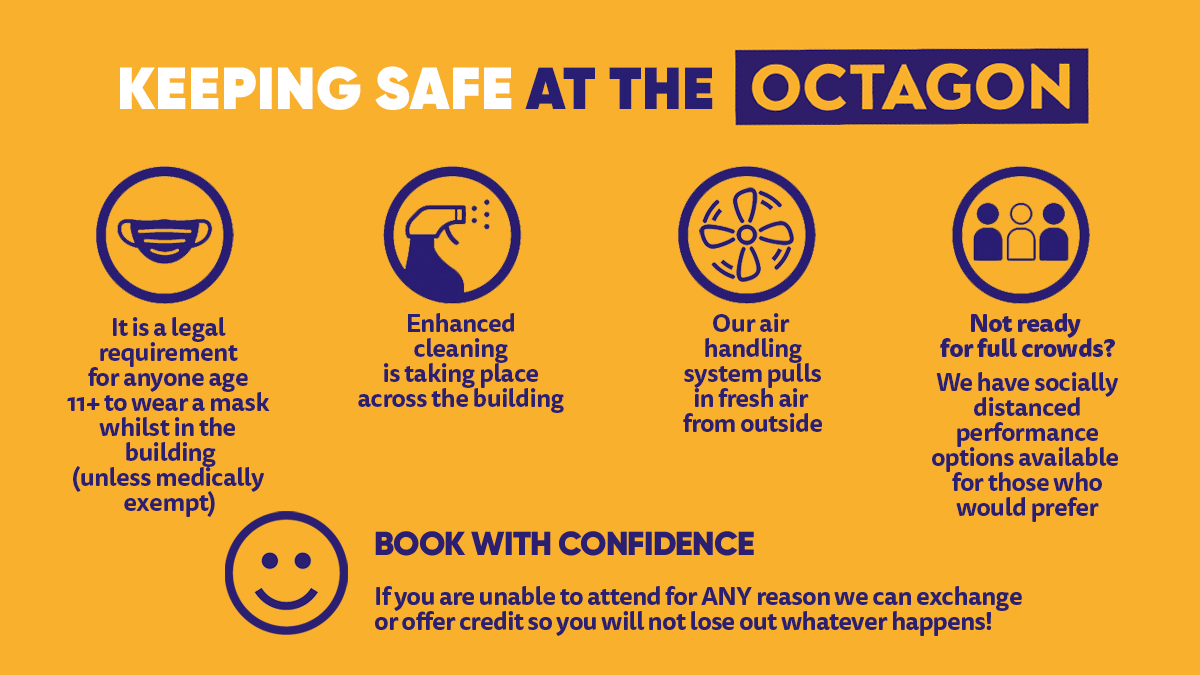 octagontheatre's tweet image. We have continued measures in place to keep you safe at the Octagon whilst still providing a wonderfully enjoyable &amp;amp; entertaining experience.
With our flexible ticket exchange policy you can book with confidence. #SeeItSafely
Full Covid-safety measures 👉 bit.ly/3eNJ1ig