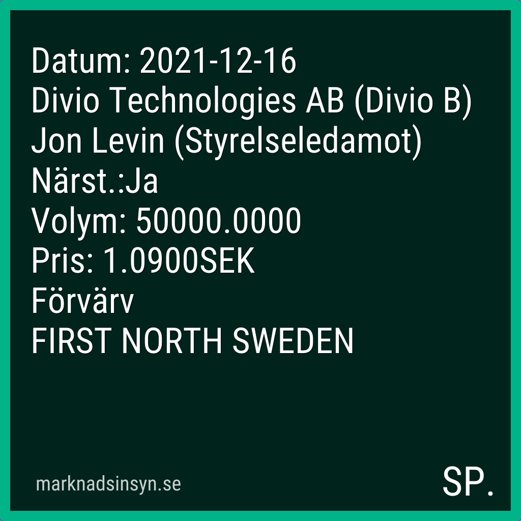 svenroed's tweet image. Få SMS via marknadsinsyn.se. Datakälla: FI Insynshandel. #divio #SE0011311554 $divio diviotechnologiesb