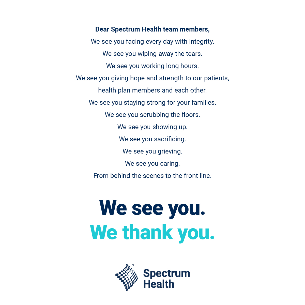SpectrumHealth's tweet photo. Thank you for all you do to care for our community and care for one another. #TeamSpectrumHealth https://t.co/9CH2yFZnJG