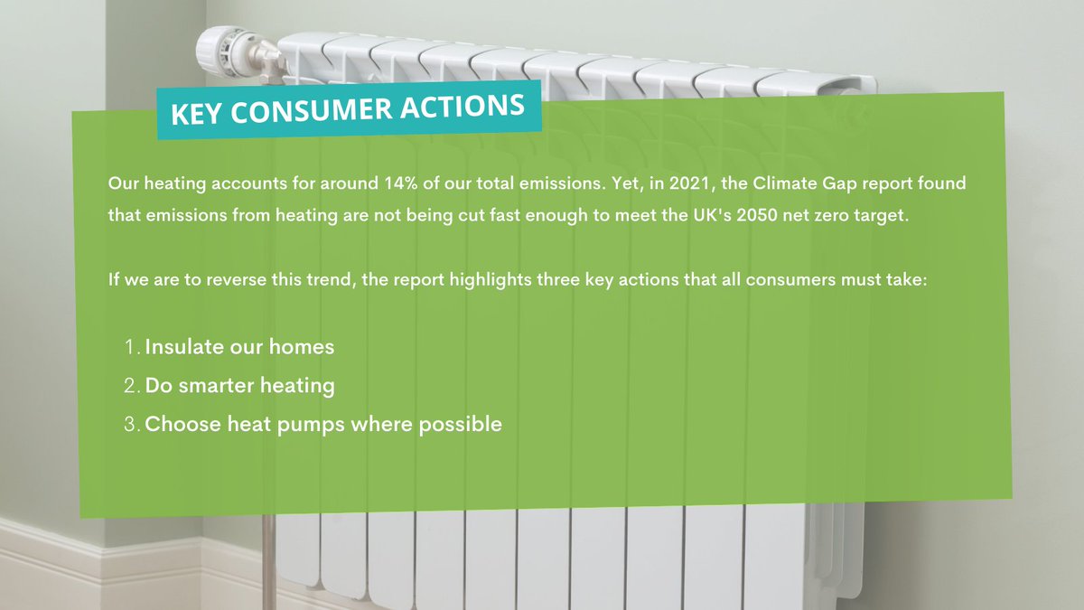 EC_magazine's tweet photo. Heating accounts for around 14% of our total #emissions. 

But, in 2021 our #ClimateGapReport found that emissions from heating are not being cut fast enough to meet the UK's #NetZero targets. We explore they key actions consumers can take:
https://t.co/AoIlYdKyR8 https://t.co/7UKQI8ZmGz