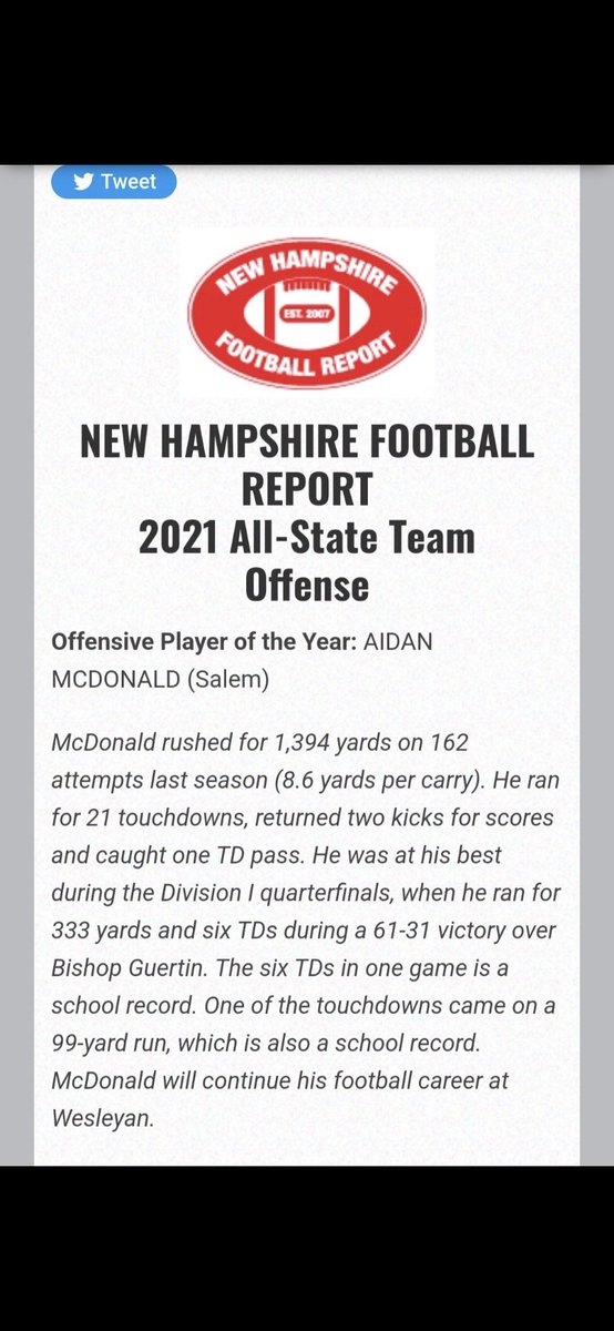 Honored to be selected as New Hampshire Offensive player of the year! Thank you <a href="/603SportsMedia/">Roger Brown</a>