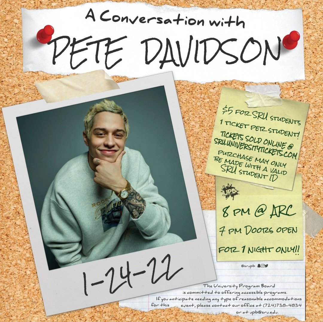 SRUPB's tweet photo. Happy holidays from UPB! We are so excited to announce that Pete Davidson will be coming to SRU’s campus on January 24th at 8:00PM for a moderated conversation!! The show will be held in the ARC, and tickets go on sale on January 6th at 12:00PM at https://t.co/5FG9alQVwh. https://t.co/Cn3IktPv70