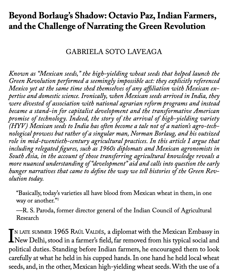 Gabriela Soto Laveaga (@gabrielasotolav) on Twitter photo Just out! "Beyond Borlaug's Shadow" examines how Octavio Paz's India memos and histories of Indian and Mexican farmers offers a retelling of the Green Revolution and technology transfer <a href="/AgHistorySoc/">Agricultural History Society</a> <a href="/CGIAR/">CGIAR</a> <a href="/HAHR21/">HAHR21</a> @DJMontao1 <a href="/icarindia/">Indian Council of Agricultural Research.</a> <a href="/SocHistTech/">The Society for the History of Technology (SHOT)</a> Just out! "Beyond Borlaug's Shadow" examines how Octavio Paz's India memos and histories of Indian and Mexican farmers offers a retelling of the Green Revolution and technology transfer <a href="/AgHistorySoc/">Agricultural History Society</a> <a href="/CGIAR/">CGIAR</a> <a href="/HAHR21/">HAHR21</a> @DJMontao1 <a href="/icarindia/">Indian Council of Agricultural Research.</a> <a href="/SocHistTech/">The Society for the History of Technology (SHOT)</a>
