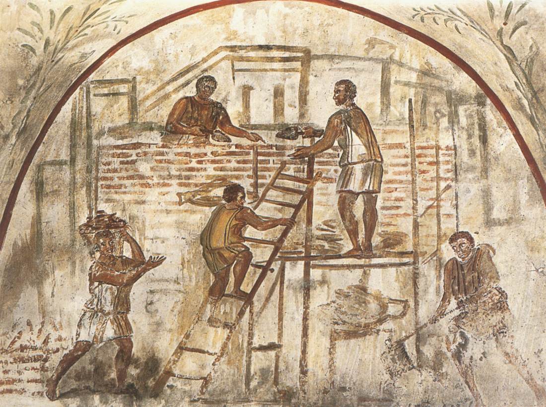 Detail from the  hypogeum of 24yo Trebius Justus, called 'Asellus', showing the construction of his villa; 4 ct., Catacomb of Via Latina, Rome.