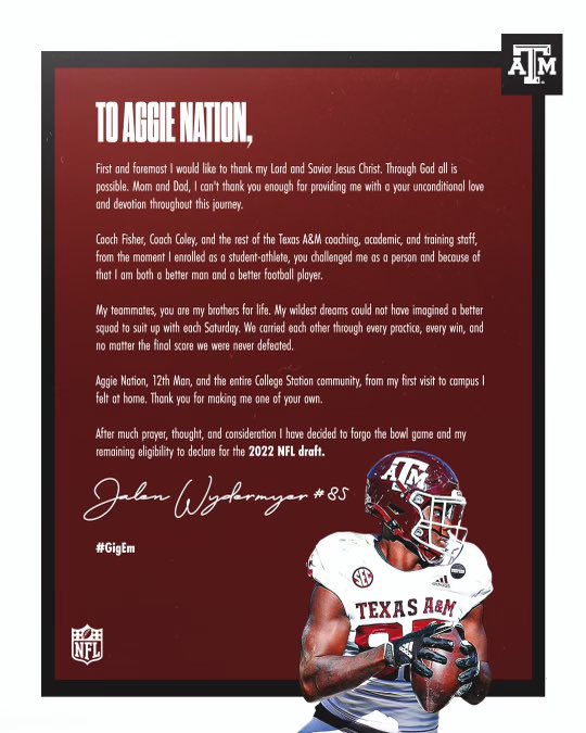 jalenwydermyer's tweet photo. I ❤️ U all thank you so much for these last 3 years they’ve been amazing and I’m grateful and truly honored to be apart of the Aggie family #85 signing out🤴🏾 https://t.co/X9KvaaXxgK