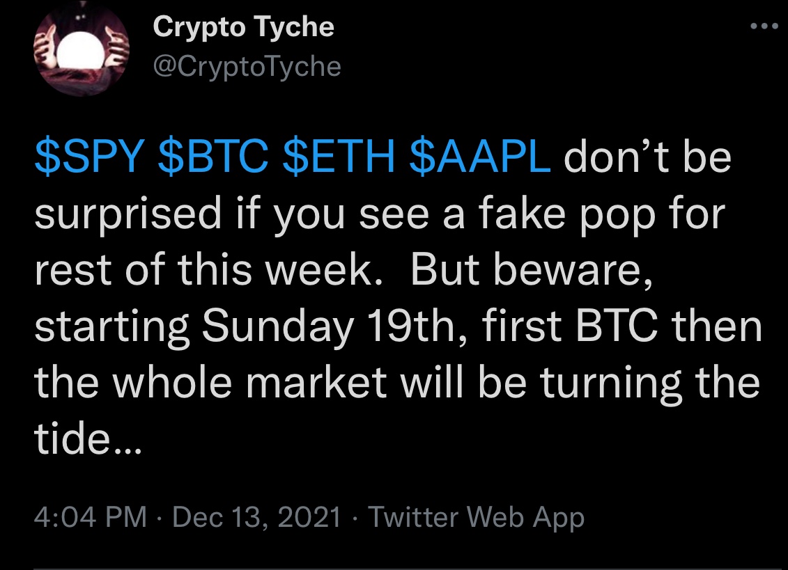 CryptoTyche's tweet photo. $SPY $AAPL $TSLA

I did not say this … Dec 23rd we will possibly see a big green day.  Last few days of this year is bad for $BTC. The selling will commence again after MLK weekend. https://t.co/XdiikfxX6b