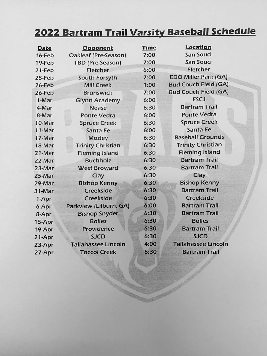 🚨<a href="/BTBEARSBASEBALL/">Bartram Trail Baseball</a>🚨upcoming 21-22 spring schedule. Looking forward to competing against these great teams and coaches. 🐻⚾️
