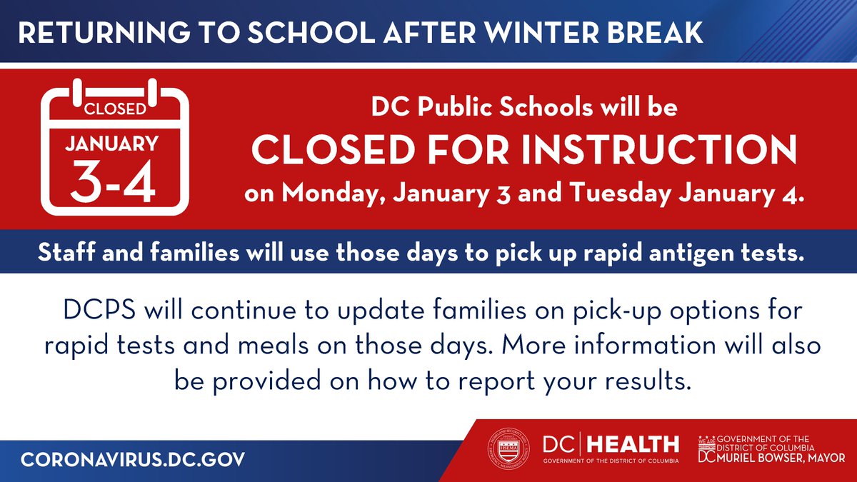 CMLewisGeorgeW4's tweet photo. Key updates from today's situational update:
👉 Indoor mask mandate reinstated tomorrow
👉 8 libraries will have free rapid tests starting Wednesday
👉 DC gov vaccine mandate will include boosters &amp; no test-out option 
👉 Schools closed Jan 3-4 so families can pick up rapid tests https://t.co/7aGjX1K8Kj