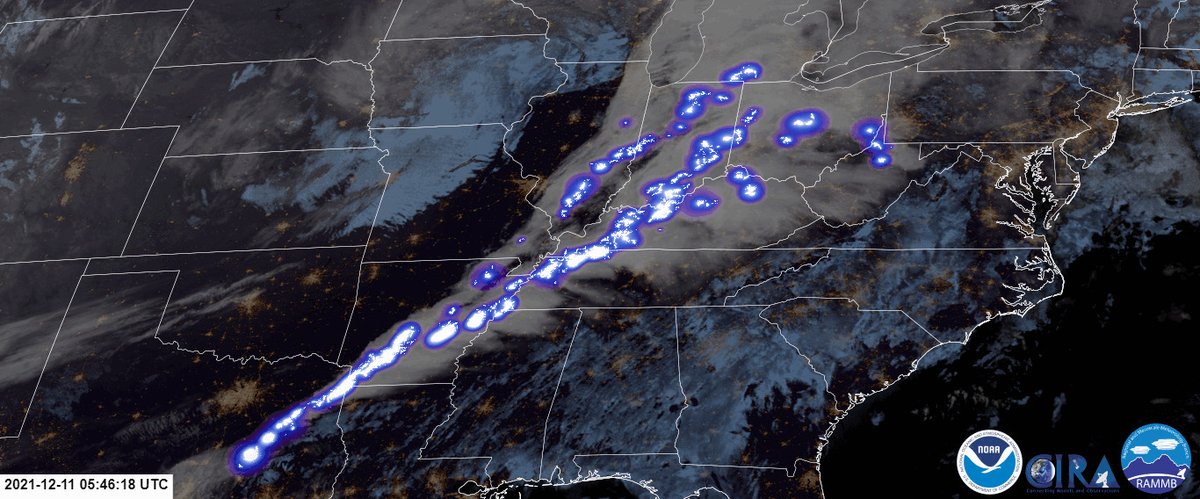 A view from NOAA’s GOES-16 satellite taken at 11:46 pm CST, December 10, 2021, of the tornado outbreak across the central and southern U.S. NOAA's National Weather Service (NWS) confirmed 61 tornadoes as of December 18, with several long-track tornadoes. (NOAA Satellites)