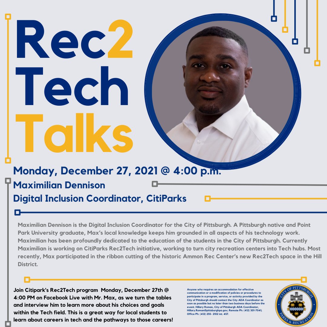 CitiParks's tweet photo. Don’t miss TECH TALKS with Maximilian Dennison  and Duane Ashley  tomorrow at 4 PM on Facebook LIVE!

CitiParks #Rec2Tech, breaking barriers and providing opportunities to learn what tech has to offer! https://t.co/j3CPu1A3kD