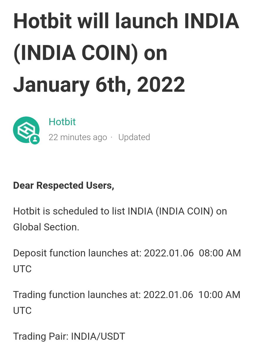 BitBharat's tweet photo. 🔥 New #listing 🎉

$India (India coin) will be listed on Hotbit on January 6, 2022
 
$India Coin is a decentralized utility token on BEP 20

For more details : https://t.co/XKMc2Q8TP6

#Roadtocryptoindia
#Bitbharat https://t.co/1d1gmFOyZp