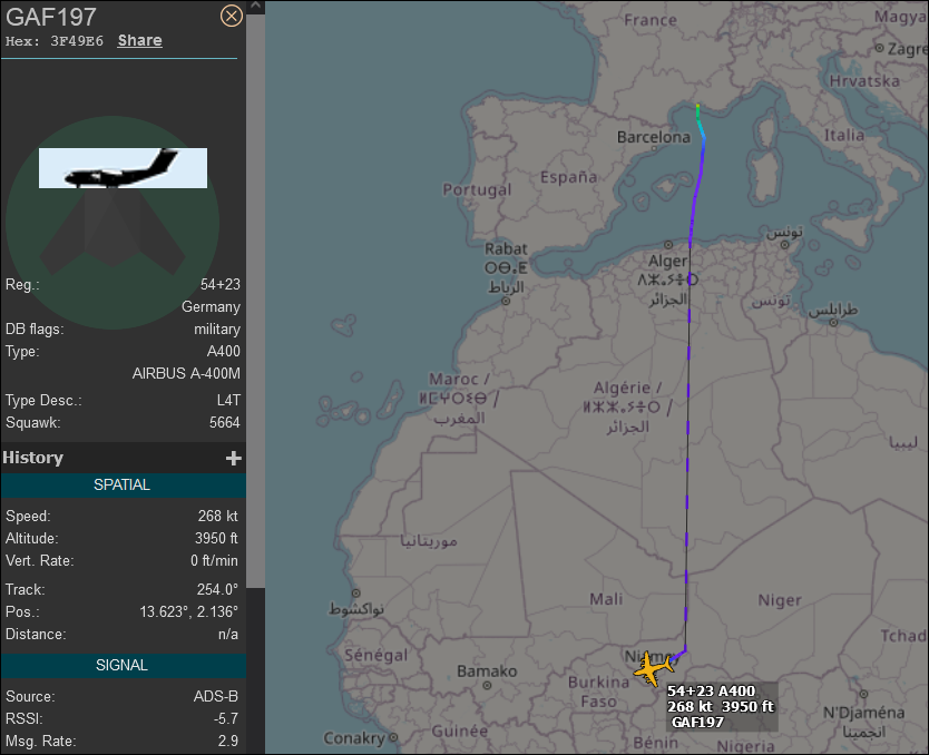 fabsenbln's tweet photo. #GAF197 German ๐ฉ๐ช Air Force A400M (reg. 54+23) descending to Niamey Airport, #Niger - coming from Base aรฉrienne 125 in Istres ๐ซ๐ท. https://t.co/XBMnuVxVpb