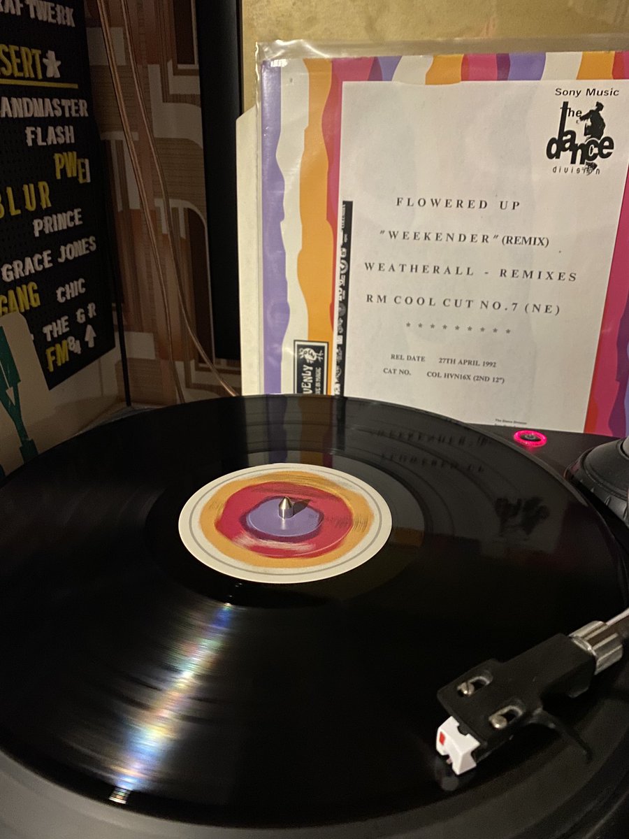 dickydrew's tweet photo. #nowplaying ⁦@heavenlyrecs⁩ #weatherall #floweredup Weekender Promo #vinyl #12” #promo #ripandyweatherall https://t.co/OU6ADxpkgi