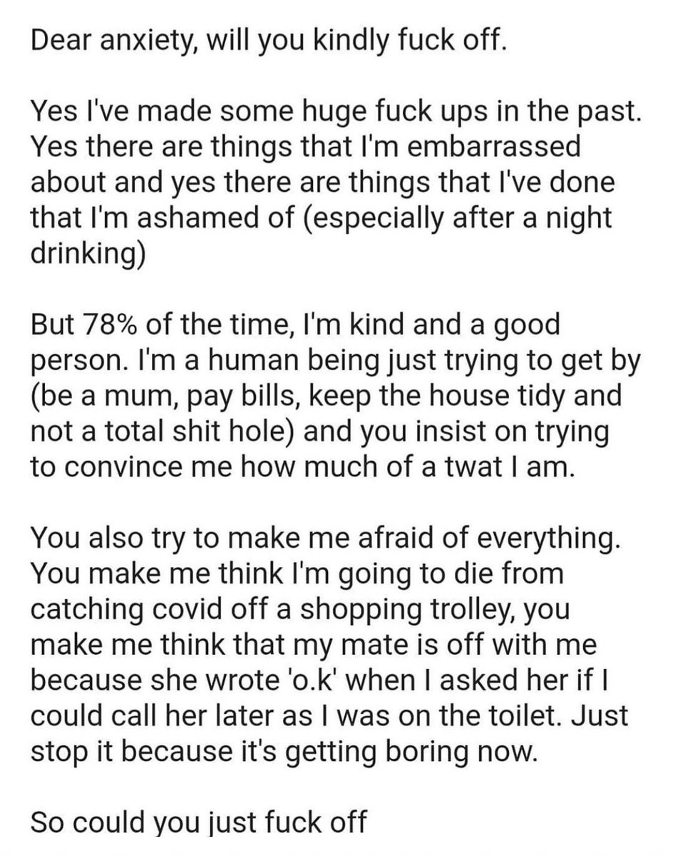NHSMillion's tweet photo. For everyone who is suffering with anxiety.

Dear anxiety, will you kindly f**k off.

Huge thanks to Daisy May Cooper for sharing this x https://t.co/qhVjrlXLWJ