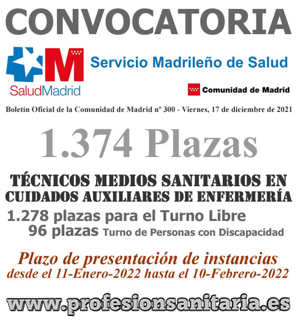 Convocatoria de 1.374 plazas de Técnicos/as en Cuidados Auxiliares de Enfermería del SERMAS-Servicio Madrileño de Salud. Plazo de presentación de instancias desde el 11-Enero-2022 hasta el 10-Febrero-2022... FHEZL3YXIAYjlXT?format=jpg&name=small