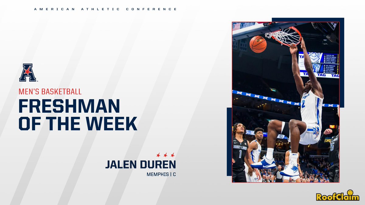 American_MBB's tweet photo. 14 points on 7-of-9 shooting in a win over then-No. 6 Alabama - Jalen Duren of @Memphis_MBB is the #AmericanHoops @RoofClaimUS Freshman of the Week! https://t.co/hc7nqW0Zdk