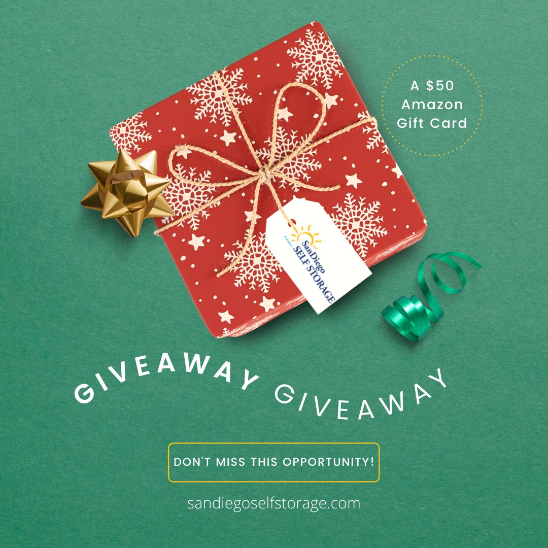 SMMiniStorage's tweet image. It’s time for a GIVEAWAY! ⭐️Visit our Instagram page at @sandiegoselfstorage to enter. Two winners will receive a $50 Amazon gift card! Winners will be announced on December 27th at 2:00pm. Make sure you post your holiday tree and tag us for extra entries! 🌲