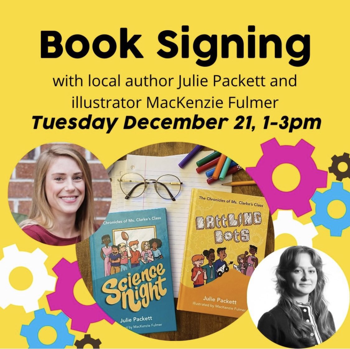 JulieHPackett's tweet photo. 🚨Author &amp; illustrator book signing tomorrow at Public Works Art Center in @SummervilleSC!
Rain or shine! 📖🖊 

#MsClarkesClass #ScienceNight #BattlingBots #STEM #books #STEMeducation #youngreader https://t.co/KX0UgQtPo9