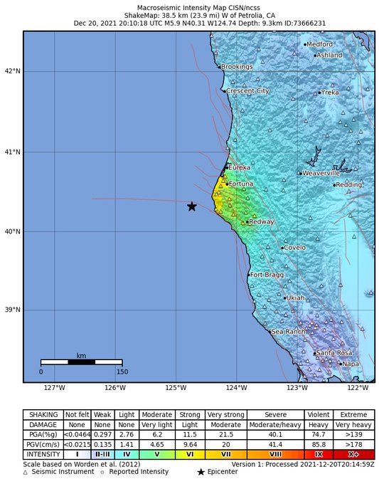 Shakemap showing shaking intensity of the M6.2 20 Dec 2021 earthquake that occurred offshore of northern California.