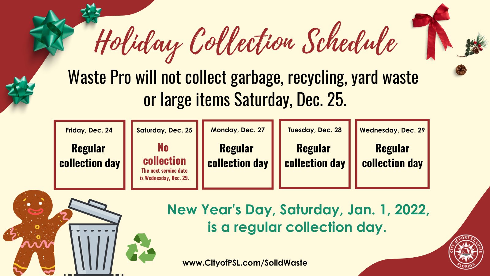 Waste Pro Holiday Schedule 2022 تويتر \ Port St. Lucie على تويتر: "If Your Trash, Recycling Or Yard Waste  Is Normally Picked Up Saturday, Please Note There Will Be No Collection  Services Dec. 25. For More Information