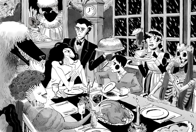 I just realized I've been doing monthly illustrations for about a year now! This was last year's december illustration- the cast of Good Home trying to have a Christmas dinner. 