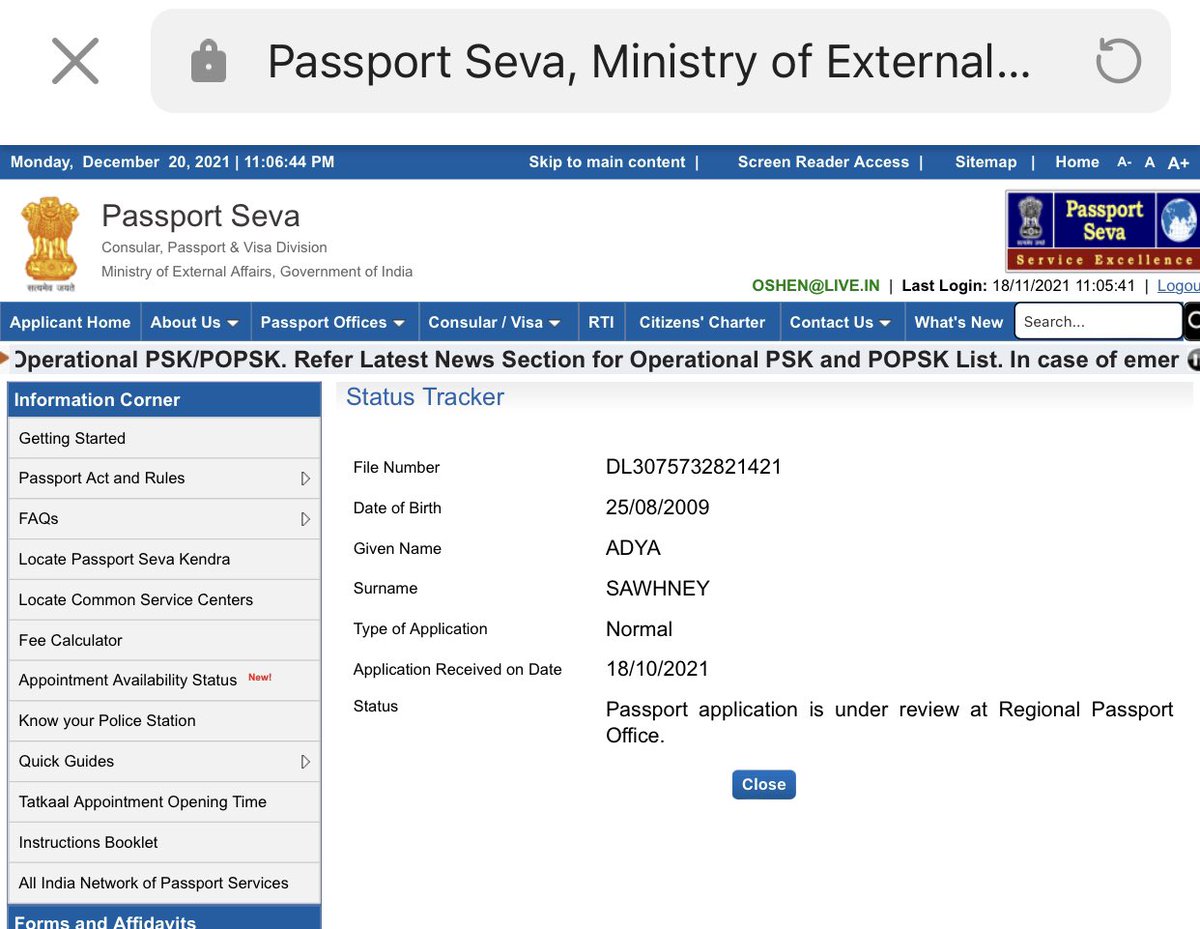 SEBY009's tweet photo. DL3075732821421 Submitted on 17/10/2021 along wth her mother's Passport for renewal. All documents were submitted as per prescribed format and mothers Passport has been received last month but Adya Sawhney's Passport is still pending for renewal. Kindly help as soon as possible. https://t.co/iZg9GQ2TJ2