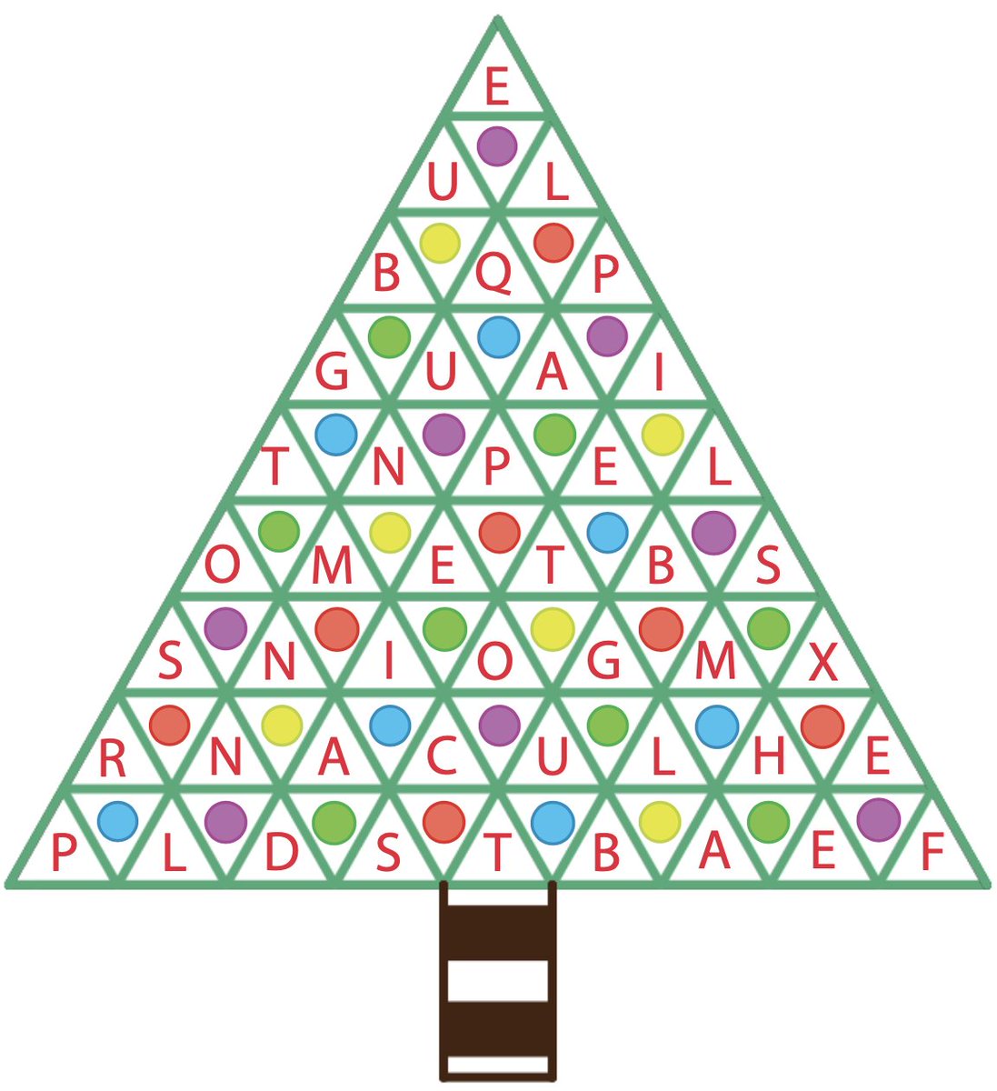 exploringmusic's tweet photo. #Puzzleoftheweek 
In this holiday-themed puzzle, start at the bottom and rise to the top of the tree, selecting one letter from each level. Two words are hidden: a composer’s surname, and a musical instrument. First person to guess BOTH answers correctly wins this week's prize! https://t.co/fzO34WnF32