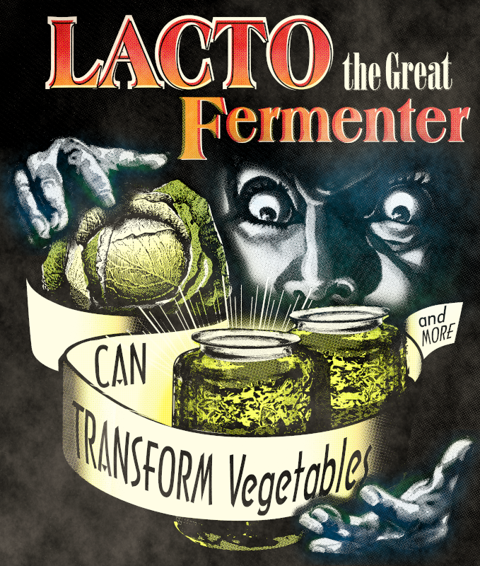 ILoveWastinTime's tweet photo. Lactofermented food is a kind of magic. This artwork mimics a vintage magic show poster, where the magician transform vegetables thanks to the power of fermentation: a trick that occurs in every cultured food! Available at https://t.co/BoaH7CmL7Q. #fermentedfoods https://t.co/nIAzntWE1d