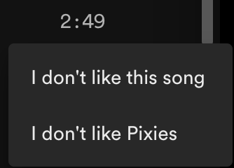 Sorry, I do like you, but your incessant releasing of new live recordings on Spotify is messing with my Release Radar, so I guess "I don't like Pixies". 🤫

Looks like you are trying to game Spotify for listens, I see 25+ "Live from..." albums. Lame. ☠️