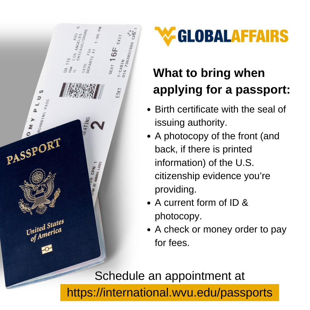 DON'T FORGET to grab all of the items you'll need when applying for a passport while you're home for the holidays!! 💙
Follow the checklist below for everything you'll need ⬇️ and learn more &amp; schedule your appointment here ➡️international.wvu.edu/passports