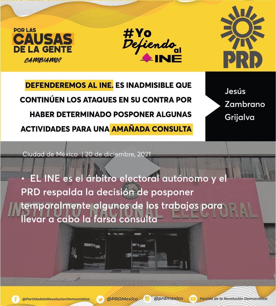 PRDMexico's tweet photo. Defenderemos al INE. Es inadmisible que continúen los ataques en su contra por haber determinado posponer algunas actividades para una amañada consulta: @Jesus_ZambranoG

Boletín 📃🔆➡️ https://t.co/hKeD2ZgM6U https://t.co/hk8CoCxEPp