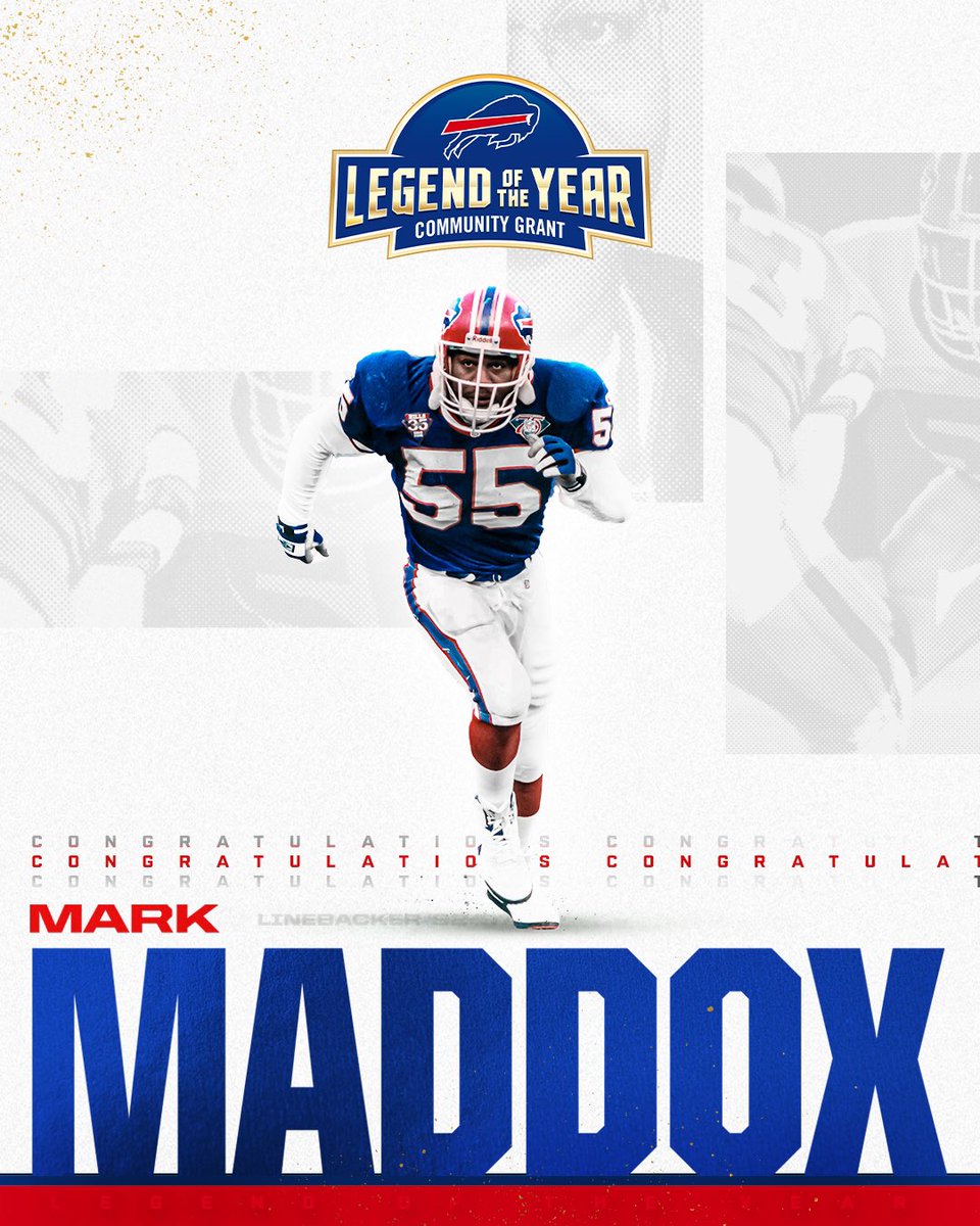 .<a href="/BillsLegends/">Bills Legends Community</a> named former <a href="/NFL/">NFL</a> LB Mark Maddox as their Legend of the Year!

Mark’s Help1 Foundation is committed to expanding opportunities for youth and their families by offering financial assistance and scholarships to those less fortunate 👏

<a href="/BuffaloBills/">Buffalo Bills</a> | #billsmafia