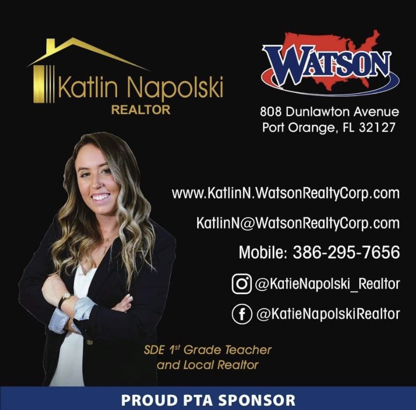 We ♥️ our PTA Sponsors! Did you know Mrs. Napolski is a 1st grade teacher at SDE 🐉 and a local realtor 🏡? If any of you are looking to buy or sell or know someone that is, she would love to help! Thank you for your support and referrals!
