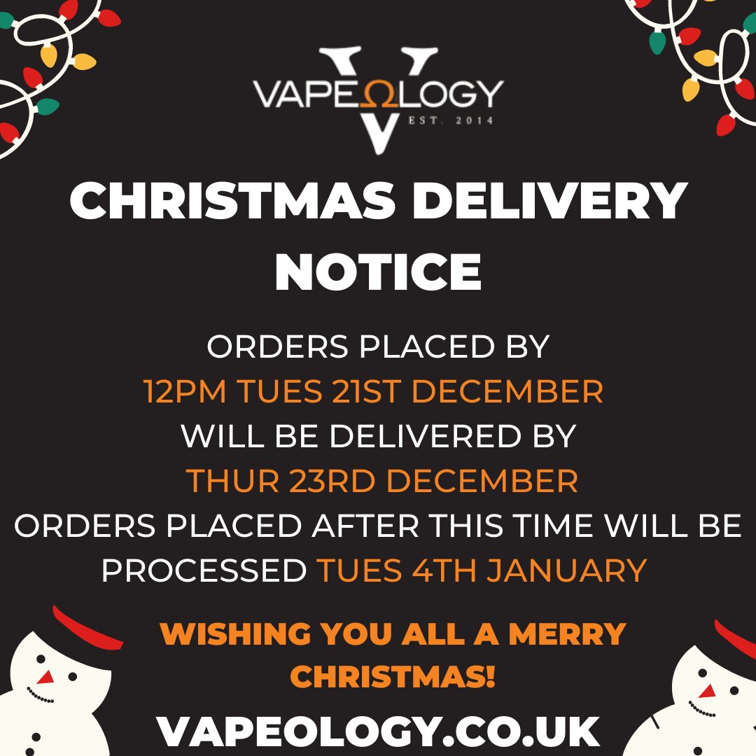 Get your orders in before 12 PM Tuesday 21st December to get your vape gear before Christmas! Any orders placed after this time will be processed on Tuesday 4th January for Delivery Wednesday 5th January. Wishing you all a Merry Christmas!! 🎅🏻🎄