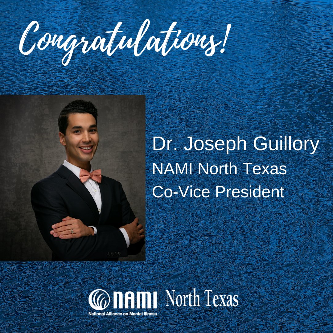 NAMINTX's tweet photo. Last week, #NAMINTX elected its new board of directors. 👏 Please congratulate one of our our board co-vice presidents, Dr. Joseph Guillory! Continuing to serve on the NAMI board,  Dr. Guillory is currently a Child/Adolescent Fellow at UTSW. 💚 https://t.co/eMnuOgEvOy